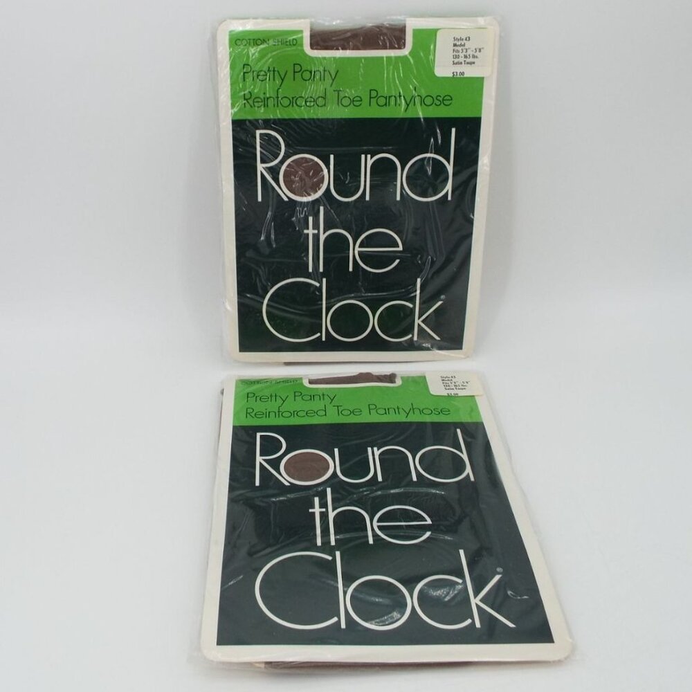 Vintage Pair Round the Clock Pretty Panty Satin Taupe Reinforced Toe Pantyhose